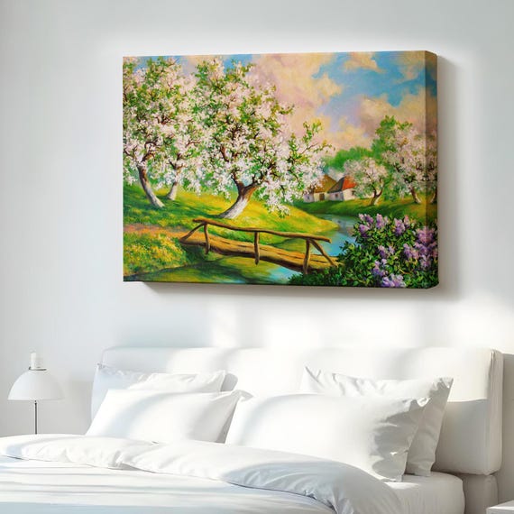 Spring Landscape With Stream Flowing Through The Village Wall Painting Nature Canvas Print Art Decor