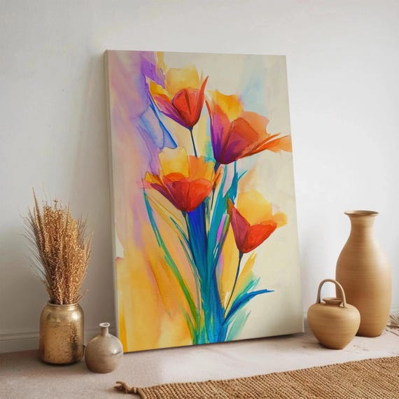Abstract Floral Canvas Wall Art Colorful Red Orange Flowers Painting Modern Botanical Print Framed Vibrant Bloom Decor For Living Room