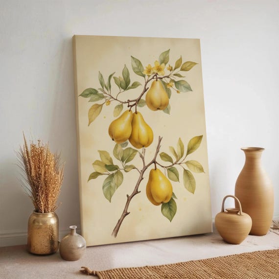 Vintage Pear Botanical Print Kitchen Wall Art Yellow Fruit Illustration Farmhouse Decor Rustic Country Canvas