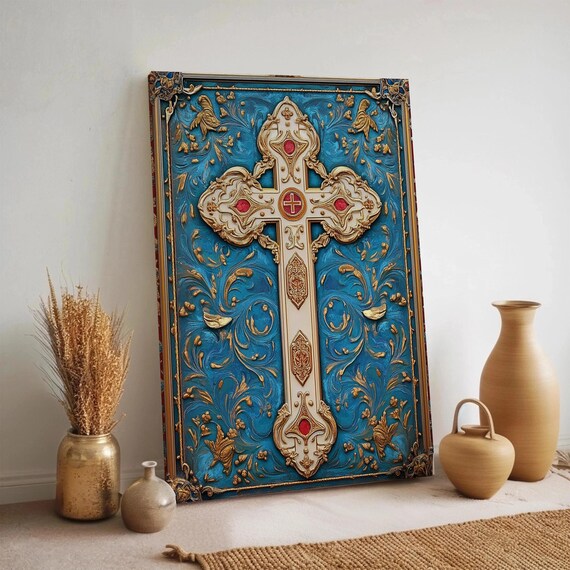 Ornate Gold Baroque Cross Teal Blue Christian Faith Poster Red Gem Detail