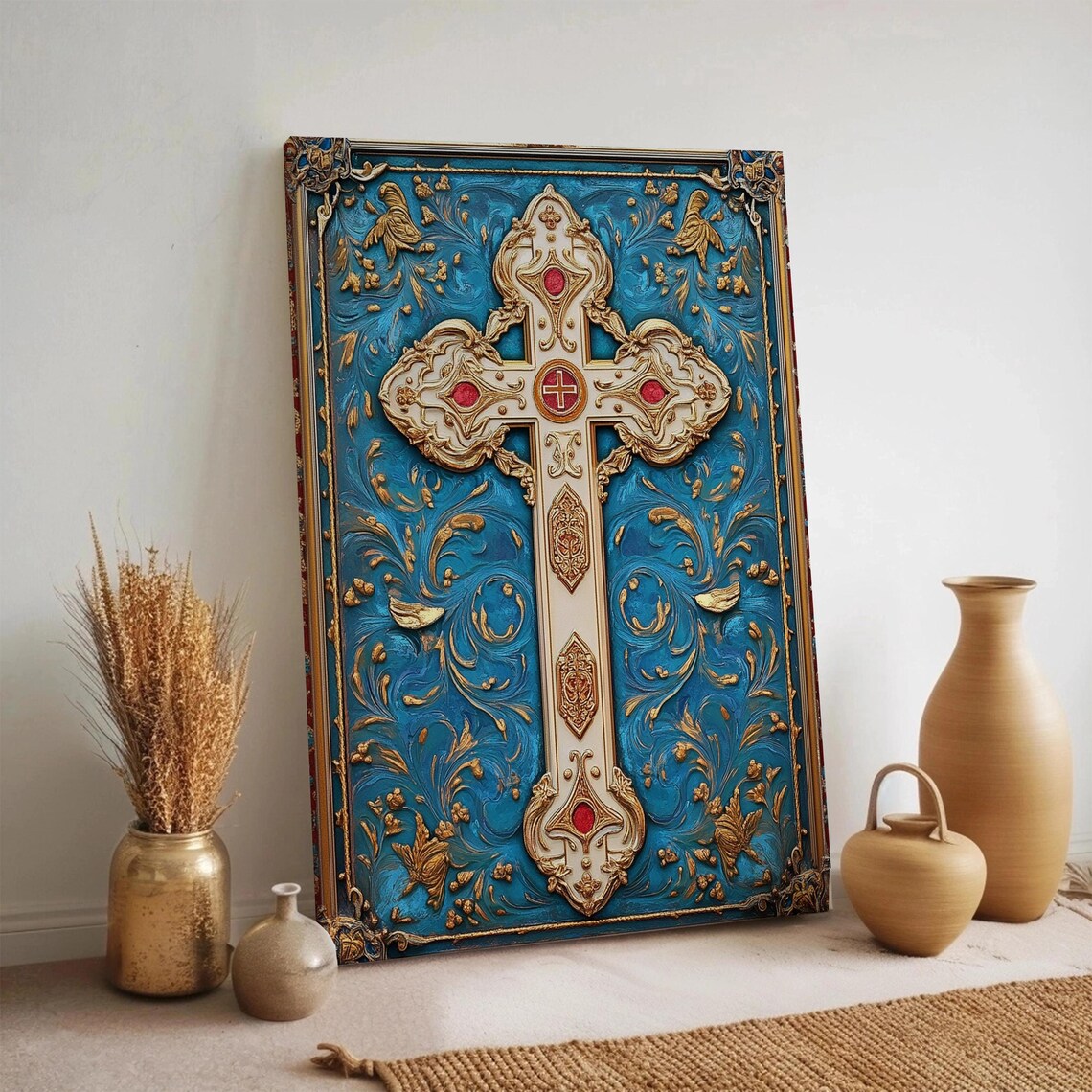 Ornate Gold Baroque Cross Teal Blue Christian Faith Poster Red Gem Detail