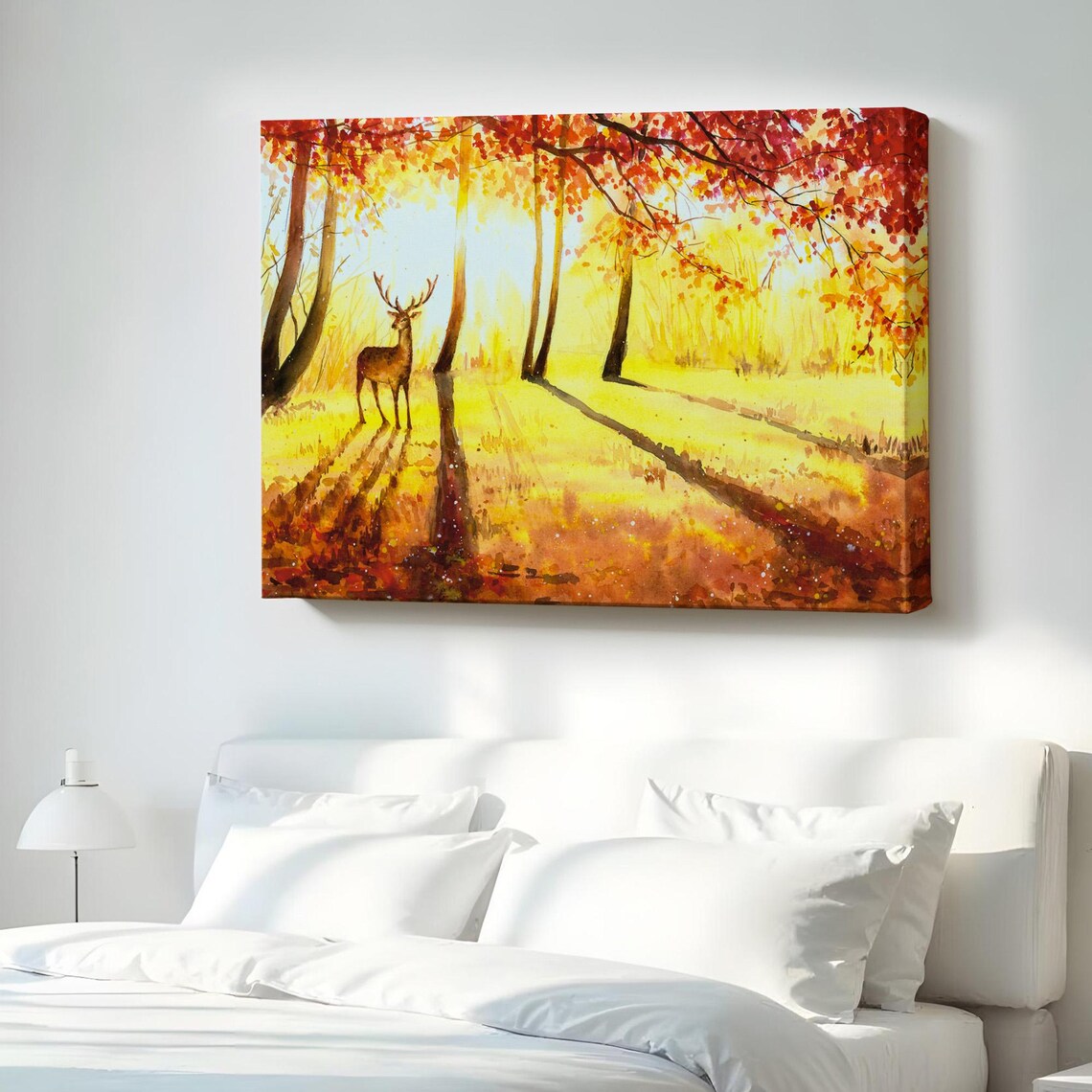 Deer in Autumn Forest Golden Fall Morning Watercolor Canvas Print