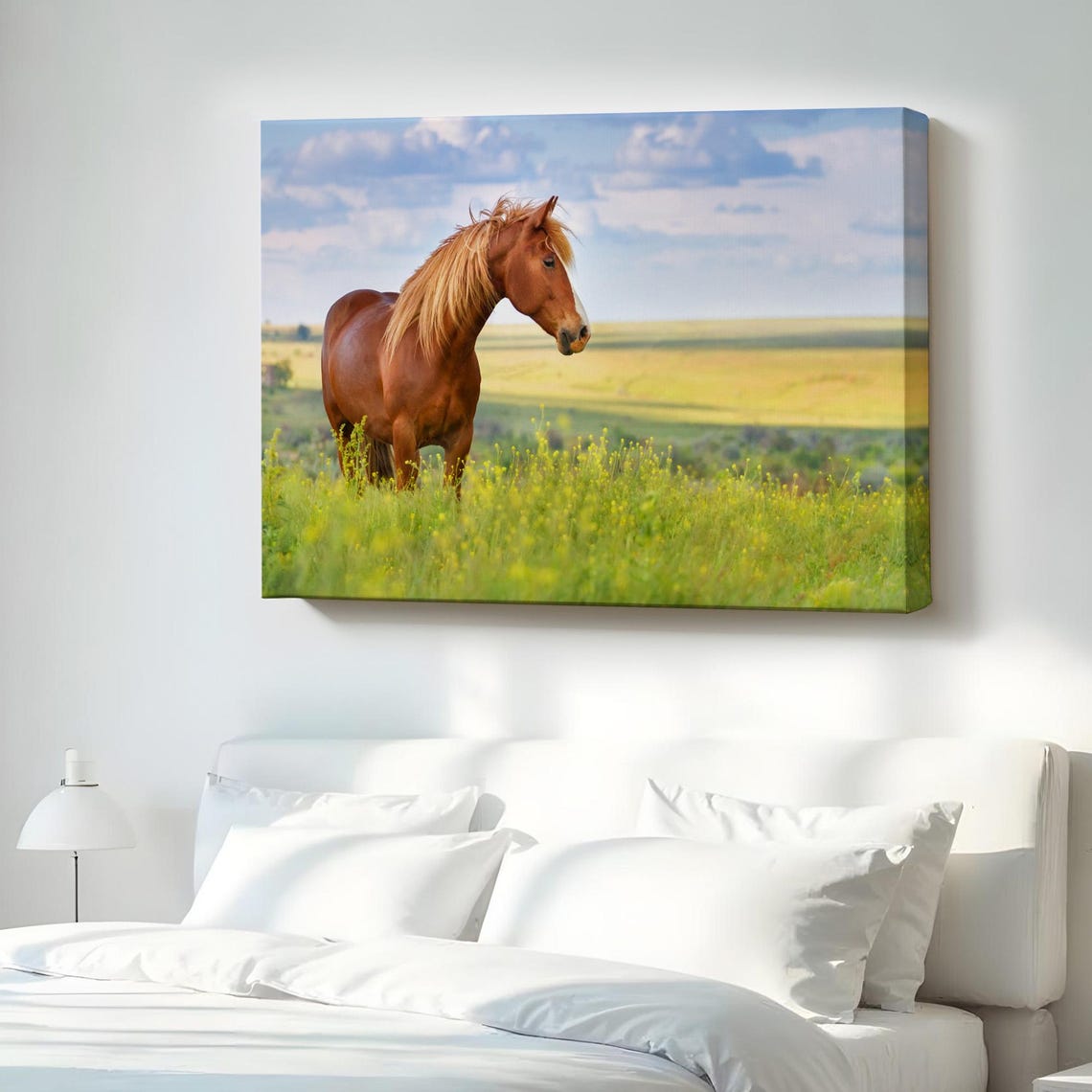 Chestnut Horse Standing In Sunny Wildflower Meadow Peaceful Poster
