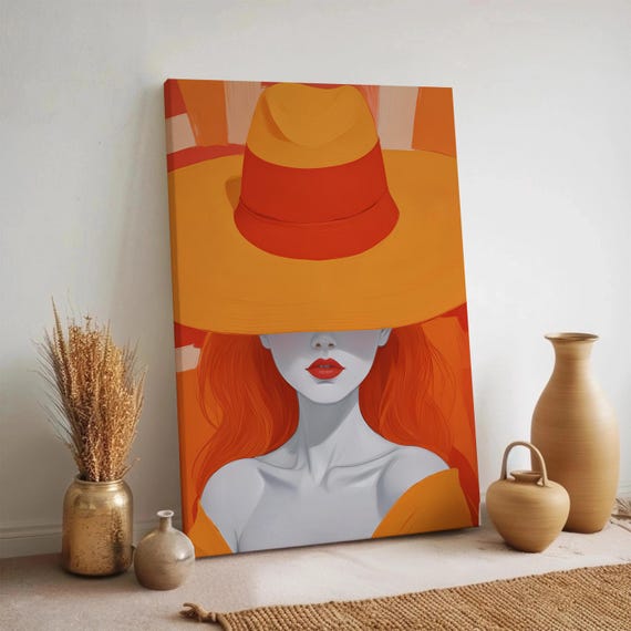 Modern Woman With Hat Wall Art Bold Orange Portrait Canvas Fashion Illustration Print Stylish Minimalist Female Face Decor For Bedroom