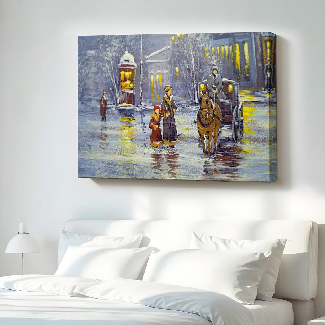Horse Carriage Snowy Old Town Winter Night Oil Painting Wall Poster