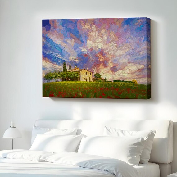 Tuscan Farmhouse in a Red Poppy Field Dramatic Sunset Countryside Poster
