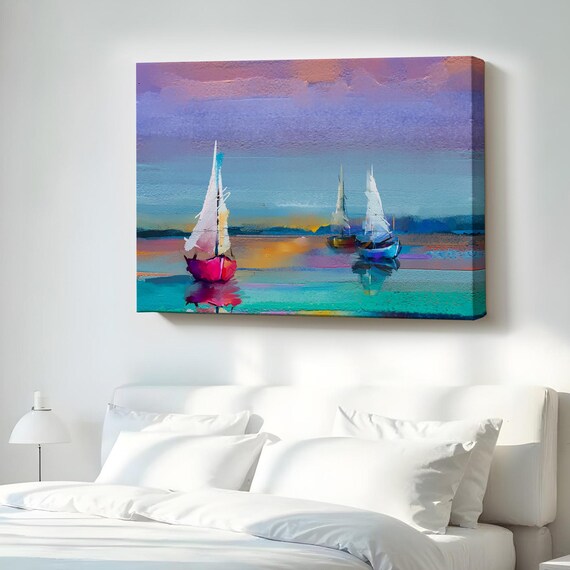 Sailboats Sunset Turquoise Water Purple Sky Painting Poster Art