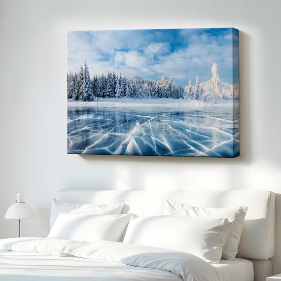 Frozen Winter Lake Blue Ice Snowy Pines Landscape Photography Wall Art