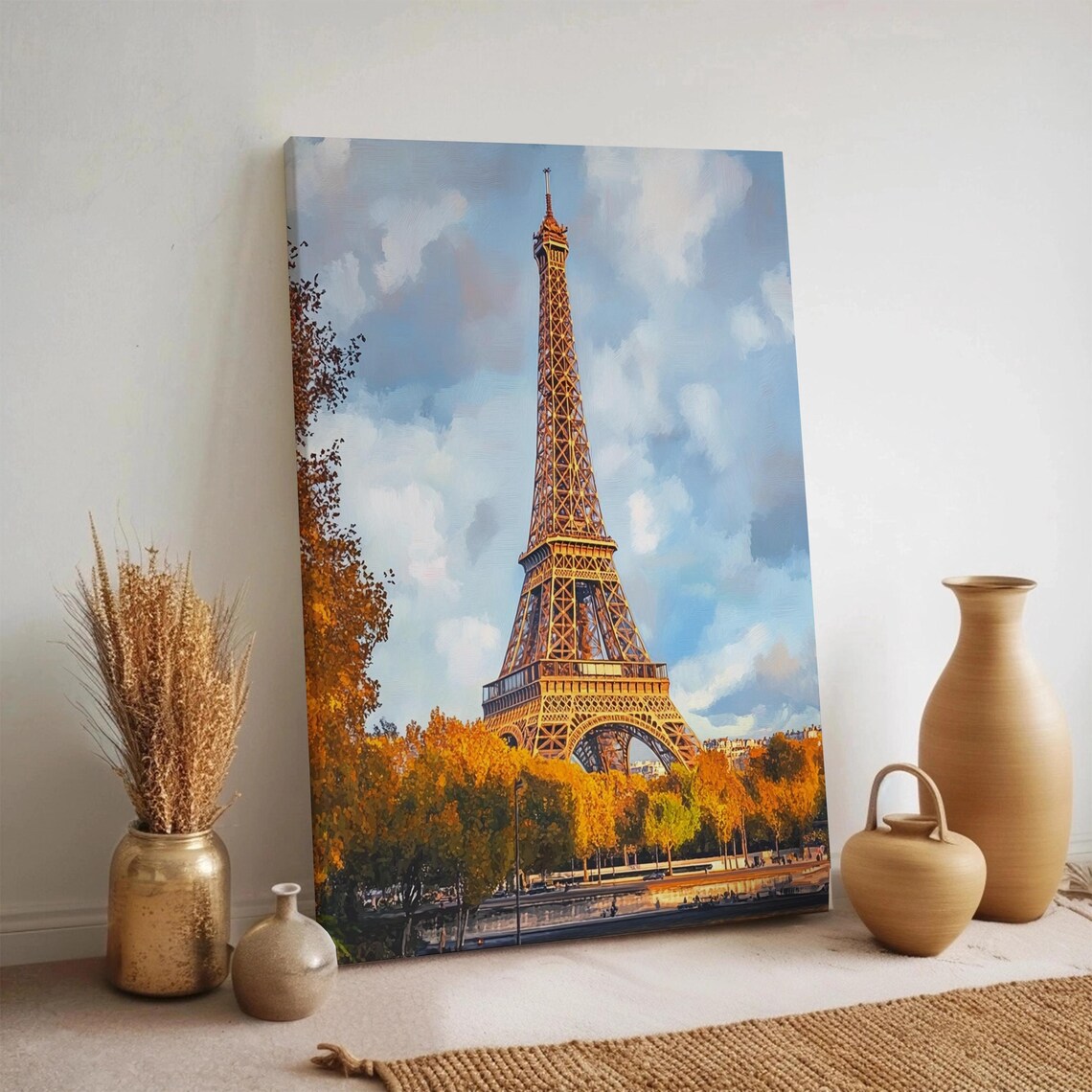 Eiffel Tower Autumn Painting Paris Golden Trees Landmark Canvas Poster
