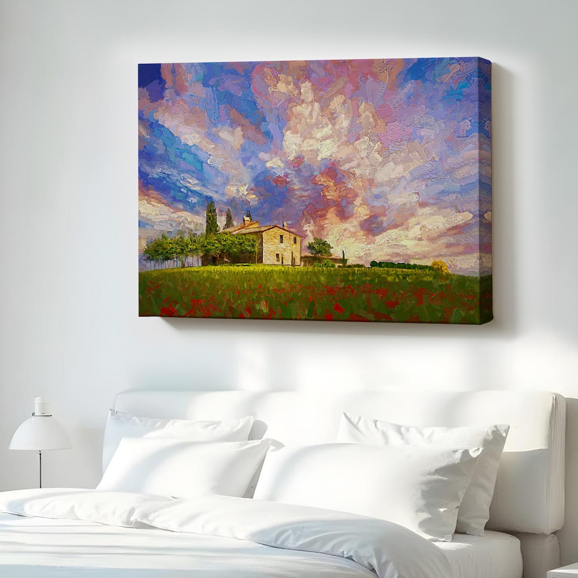 Country Farmhouse Sunset Field Vibrant Colorful Sky Rustic Poster Art