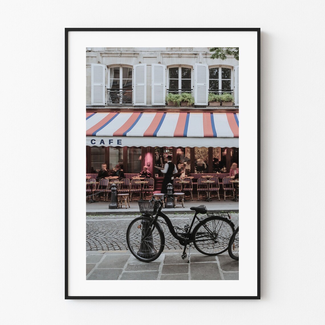 Paris France Cafe Striped Awning Bicycle Street Photo Poster