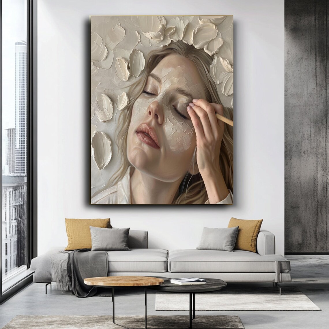 Woman Applying Makeup White Petals Serene Beauty Portrait Poster - Image 3