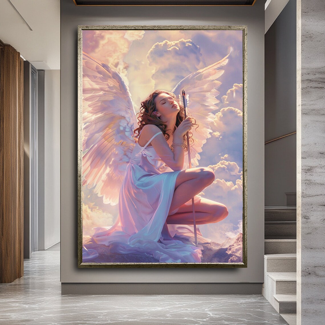 Guardian Angel With White Wings Kneeling Among Heavenly Clouds Poster - Image 2
