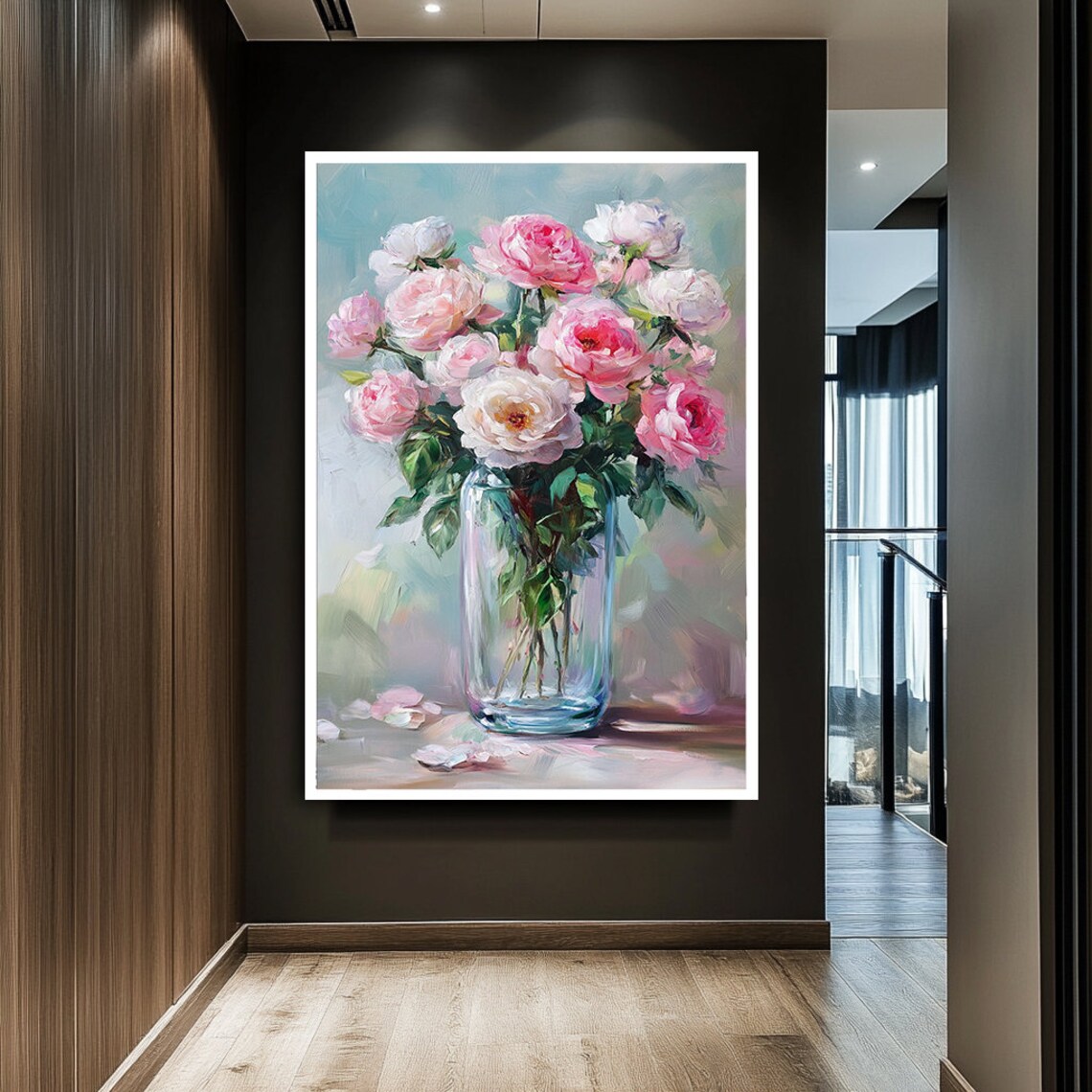 Pink White Roses In Glass Vase Against Teal Background Floral Poster - Image 2