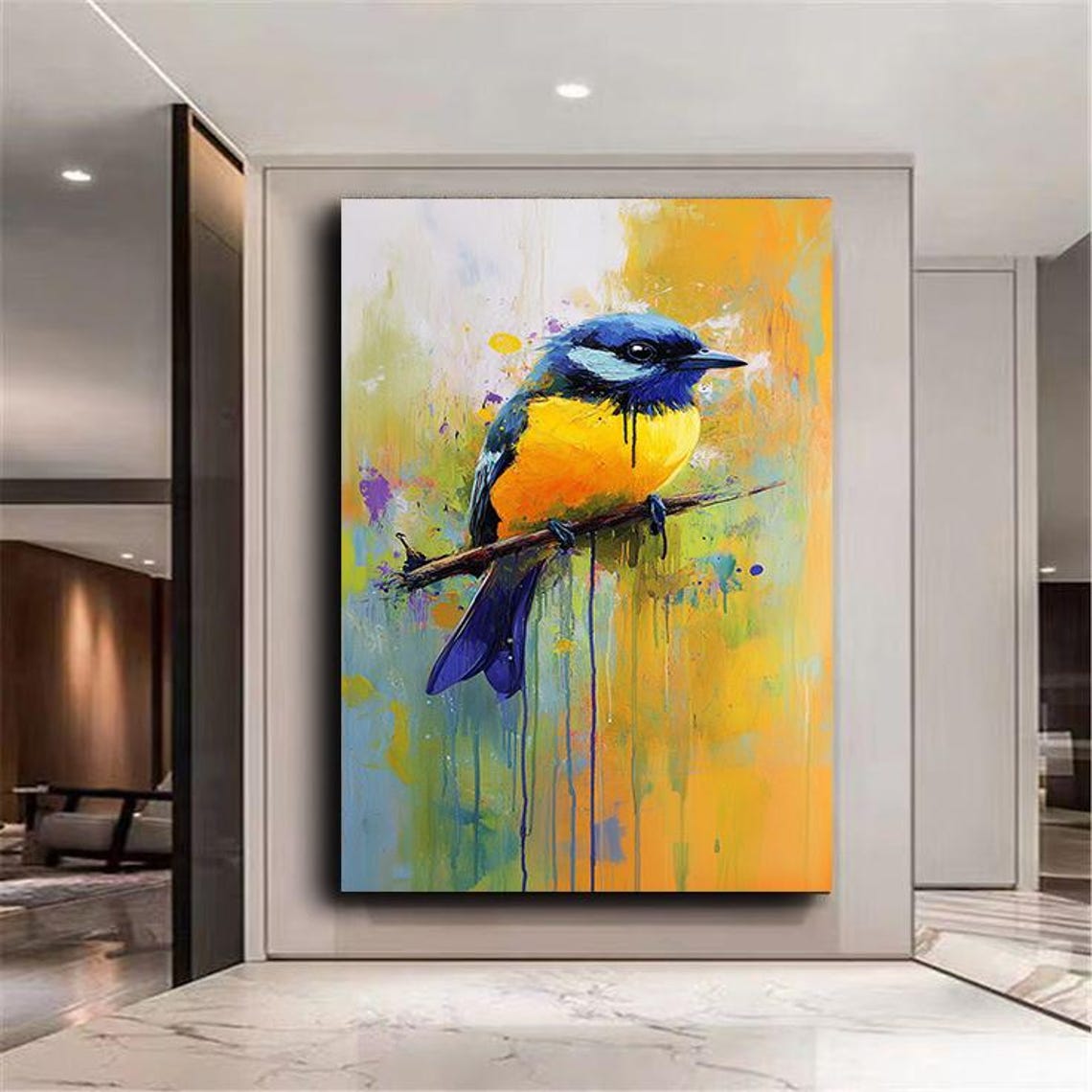 Blue and Yellow Bird on Branch Colorful Abstract Drip Paint Art Poster - Image 2