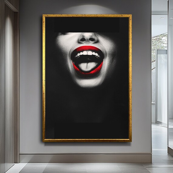 Laughing Red Lips Close Up In Black And White Bold Pop Art Poster