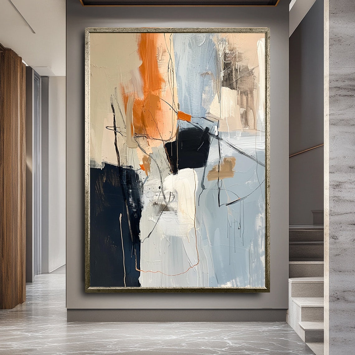 Orange Blue Grey Abstract Brushstroke Scribble Modern Art Poster - Image 2