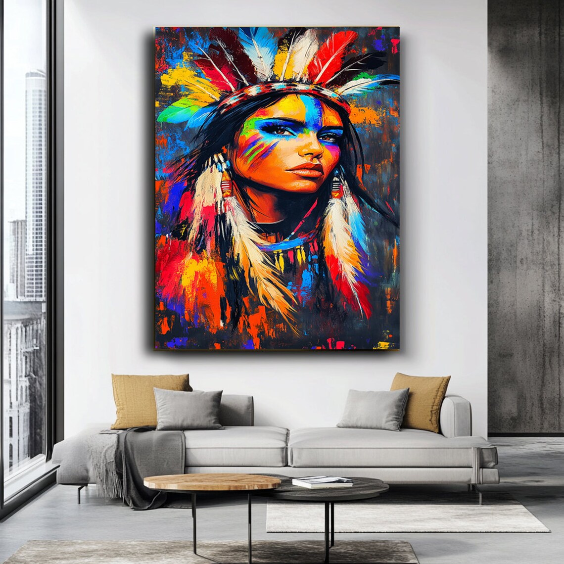 Native American Woman Feather Headdress Vibrant Colorful Portrait Art Poster - Image 3