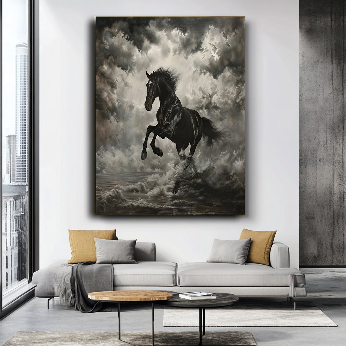 Wild Black Horse Rearing Storm Clouds Dramatic Monochrome Poster - Image 4