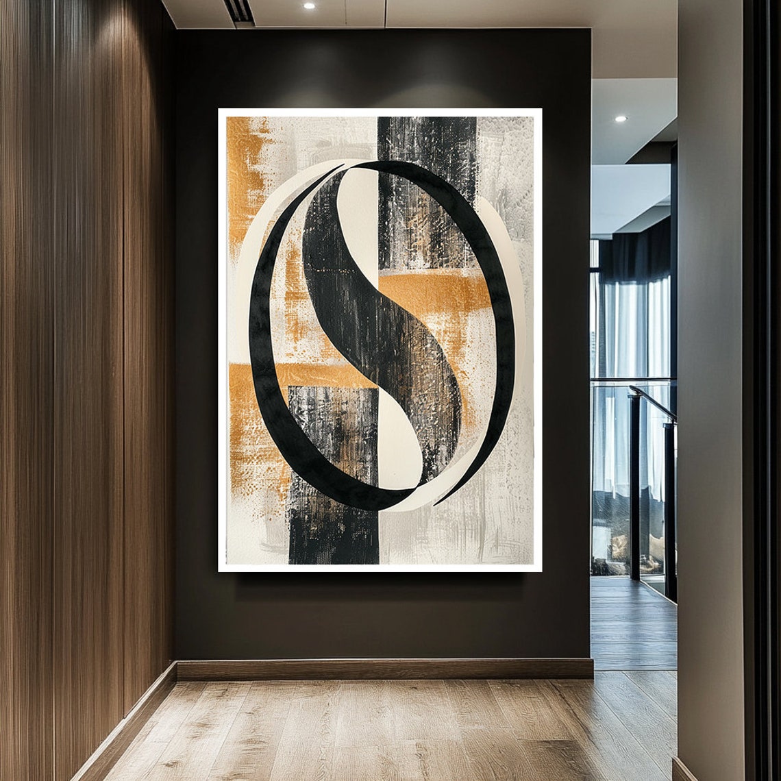 Black And Gold Interlocked Curves Abstract Brushstroke Wall Art