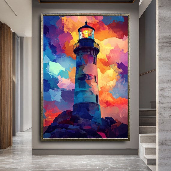 Vibrant Colorful Lighthouse Print Coastal Wall Art For Beach Lovers Home Decor Nautical Gifts Ocean Themed Artwork For Living Room