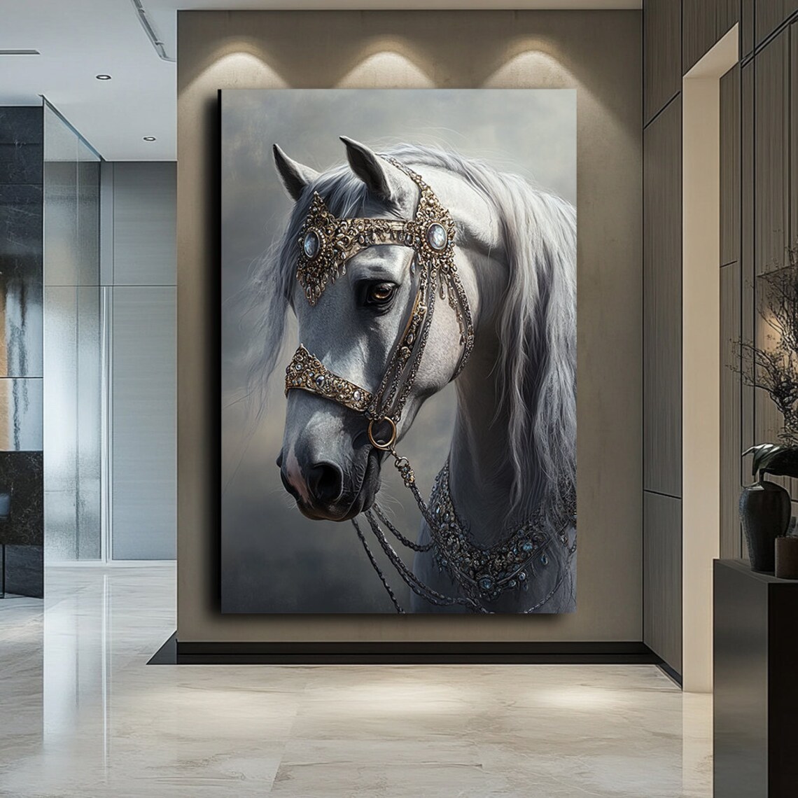 White Horse Head In Jeweled Golden Bridle Majestic Equine Art Poster