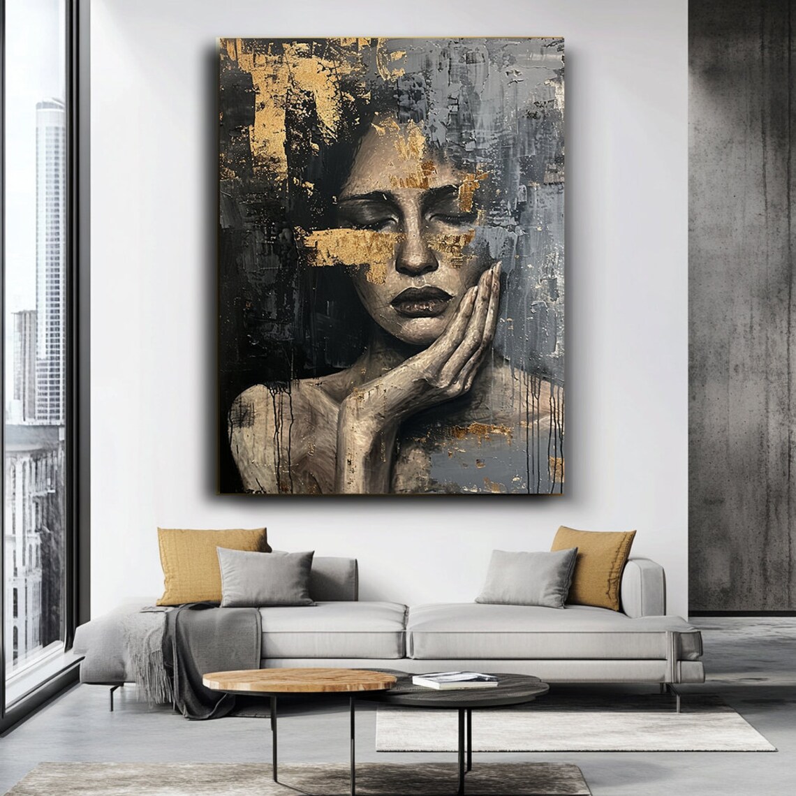 Woman Portrait Gold Leaf Black Gray Dramatic Modern Art Poster - Image 4