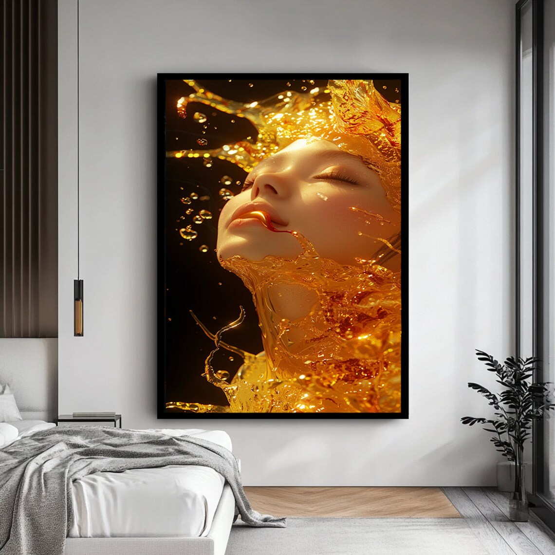 Woman Face Golden Liquid Splash Dark Background Dramatic Poster - Image 4