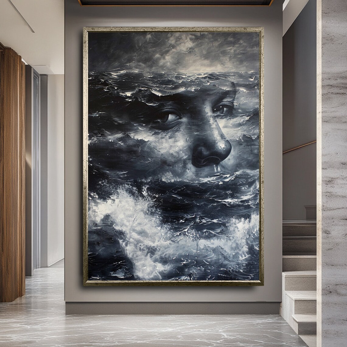 Ocean Waves Man Face Surreal Monochrome Sea Portrait Art Poster - Image 3