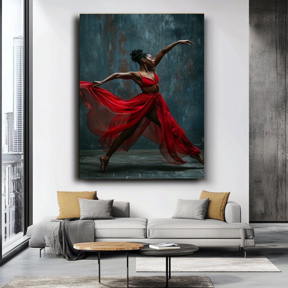 African Dancer Flowing Red Dress Moody Teal Backdrop Wall Art - Image 3