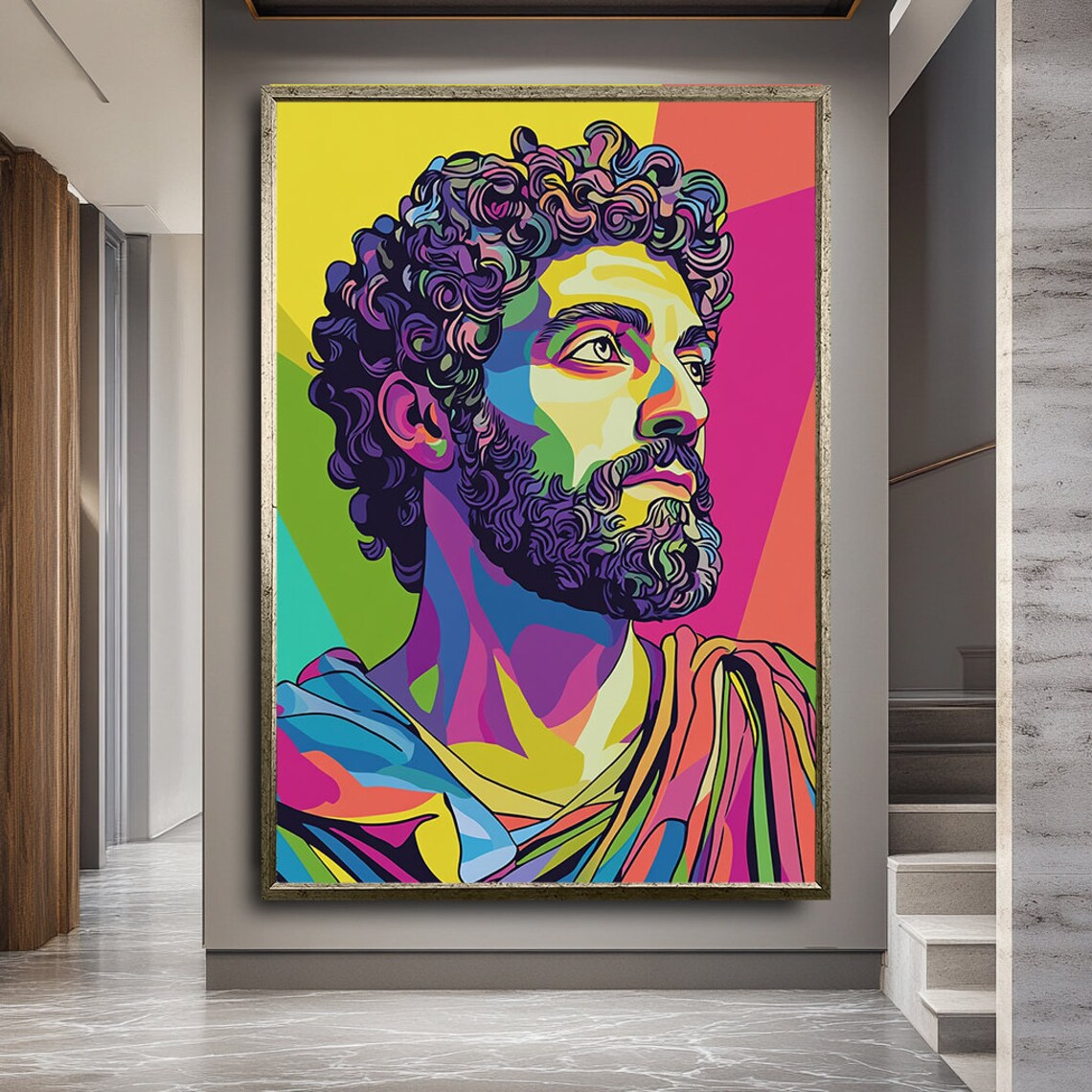 Vibrant Neon Pop Art Portrait Of Bearded Man With Curly Hair Poster - Image 3