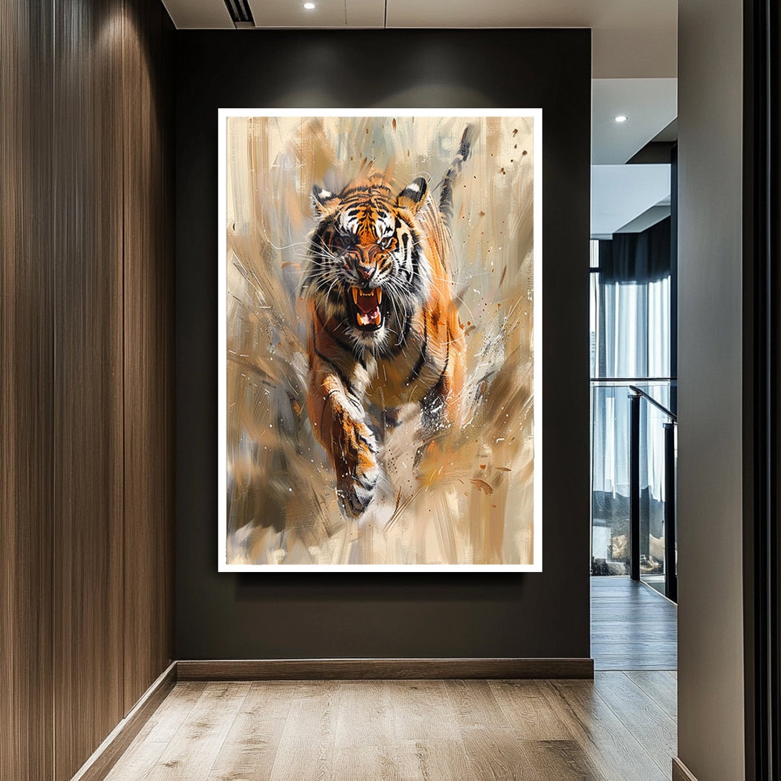 Fierce Snarling Tiger Charging Powerful Wildlife Action Art Poster - Image 2