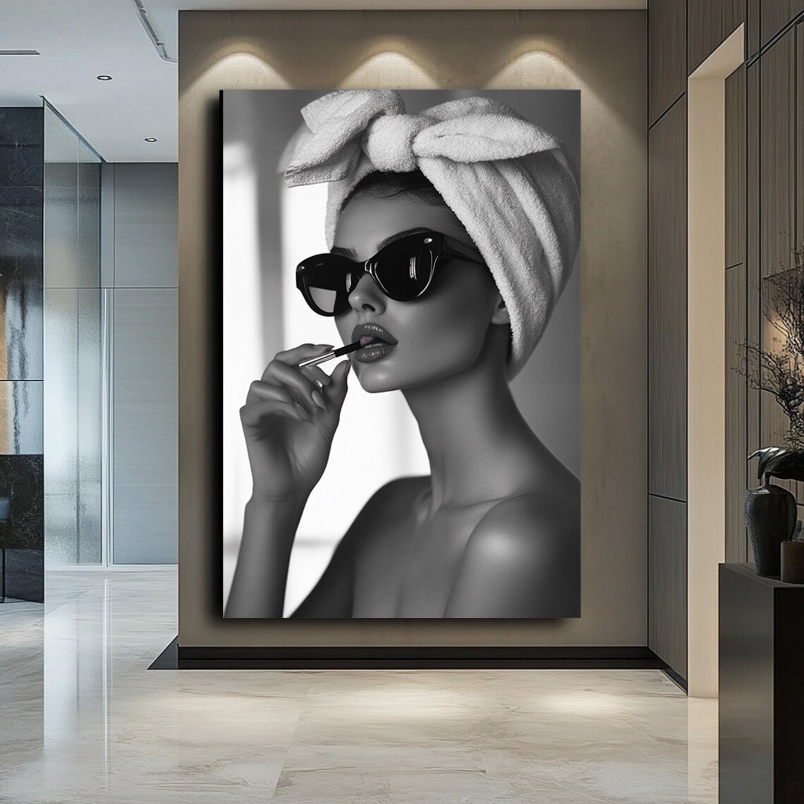 Black White Woman With Towel Turban Applying Lipstick Glam Beauty Poster