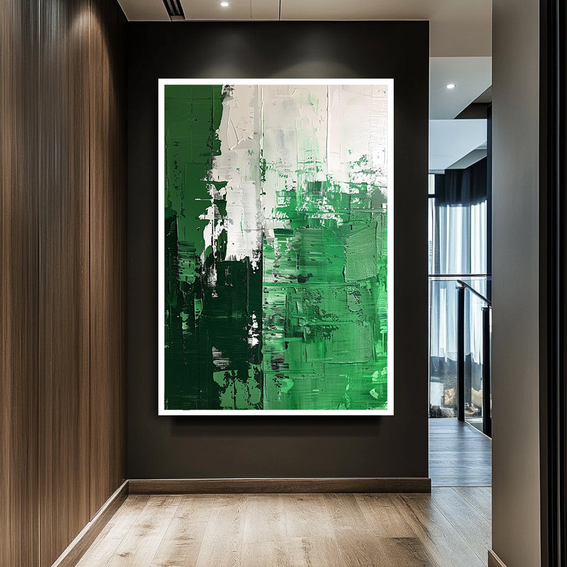 Emerald Green White Black Abstract Textured Oil Painting Poster - Image 2