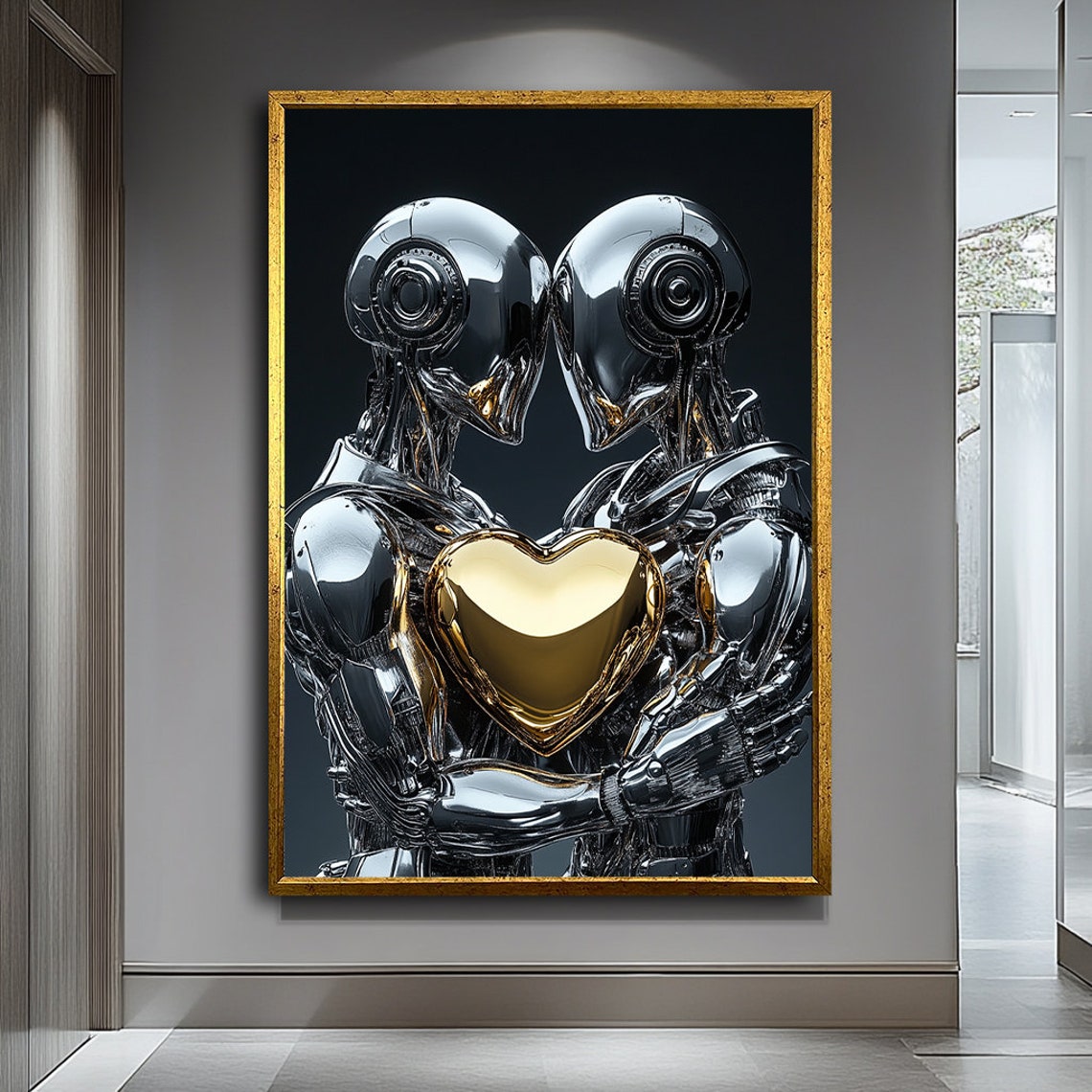 Two Chrome Robots Embracing Holding A Golden Heart Sci Fi Love Poster - Image 4