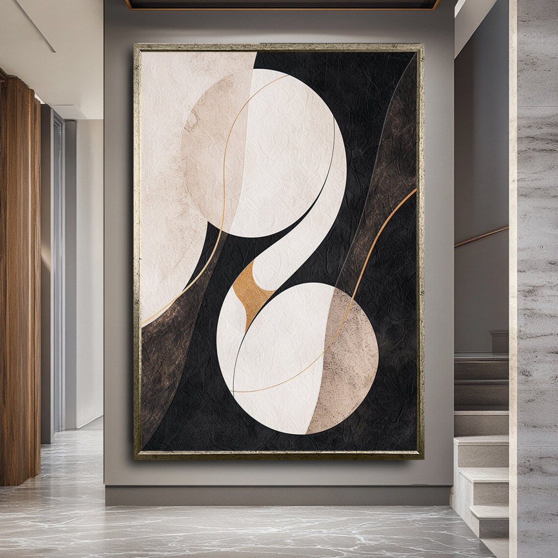 Cream Circles On Textured Black Canvas With Gold Line Abstract Poster