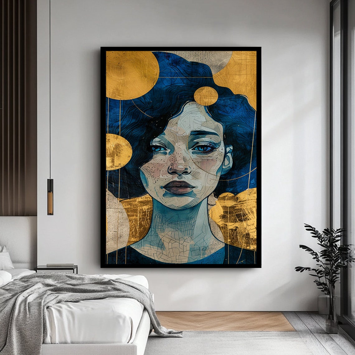 Klimt Style Woman Blue Gold Circles Decorative Portrait Poster - Image 4