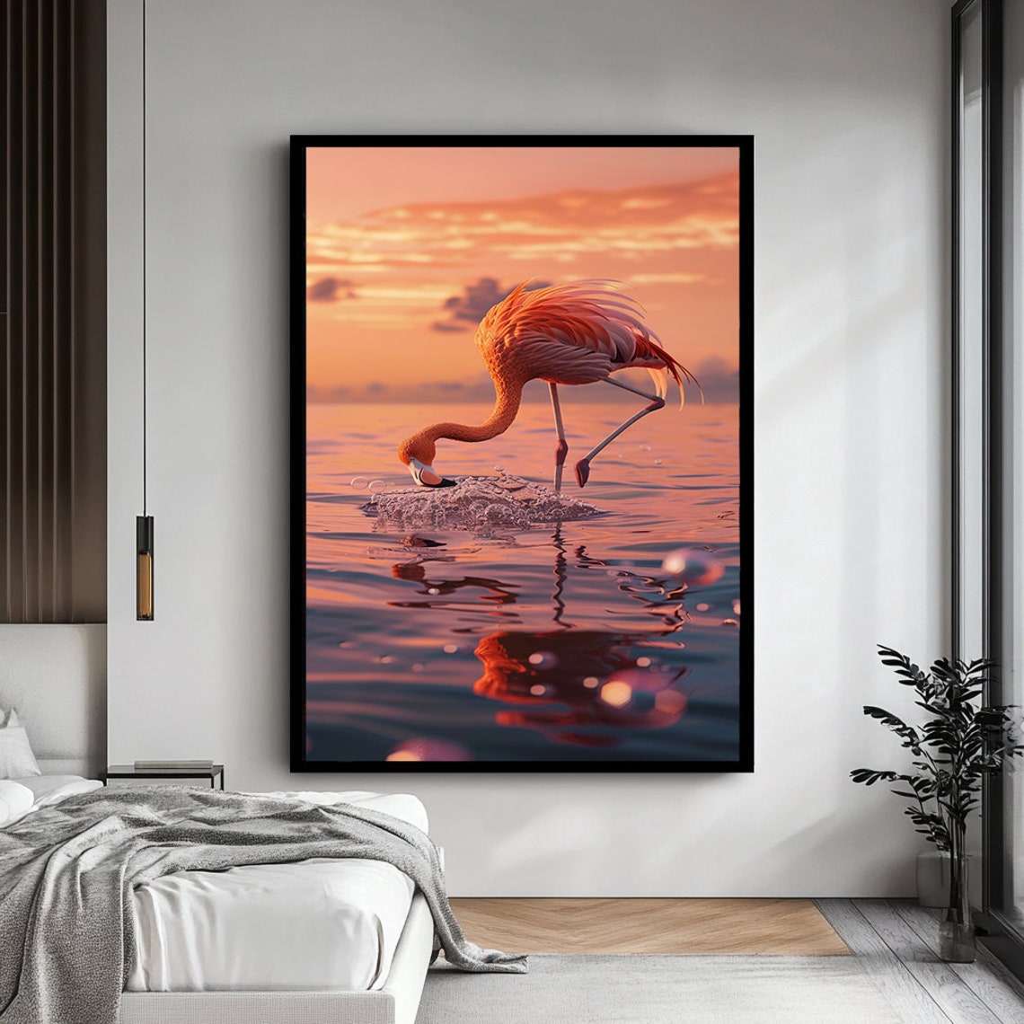 Flamingo Drinking Water Sunset Orange Reflection Bird Art Poster - Image 4