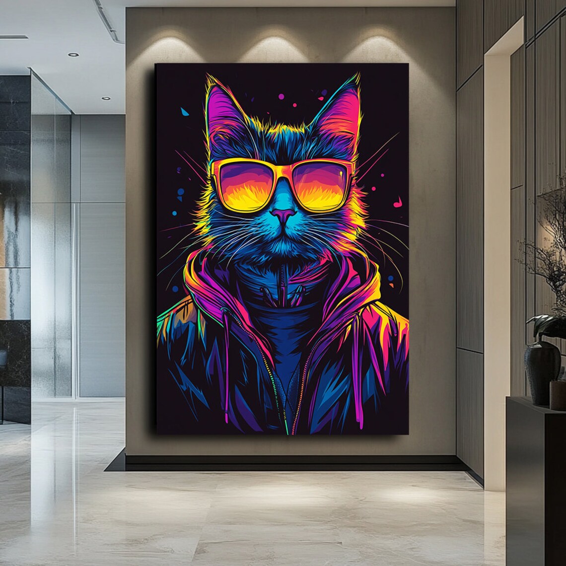 Neon Pop Art Cat Wearing Sunglasses Cool Colorful Animal Poster