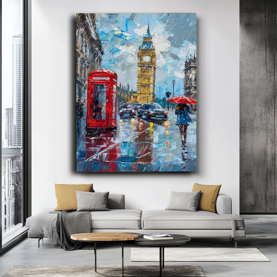 London Big Ben Red Phone Box Rainy Street Oil Painting Poster - Image 3