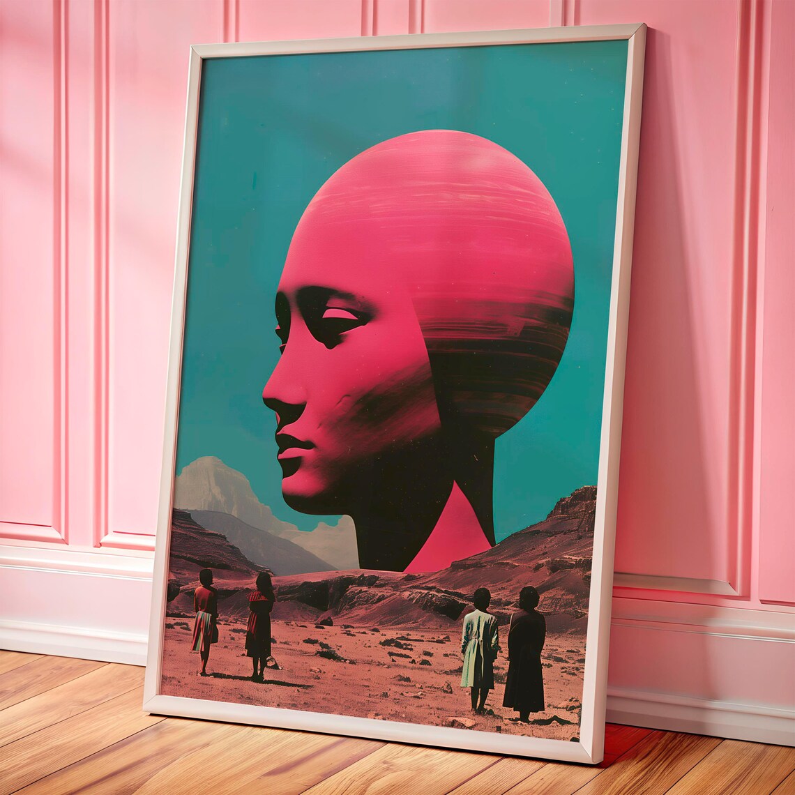 Surreal Pink Giant Head Desert Poster Dreamlike Retro Future Style