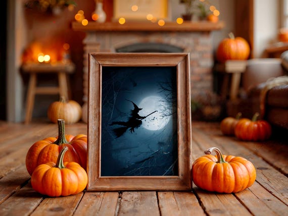 Witch Flying on Broomstick Poster Moonlit Night Spiderwebs Art