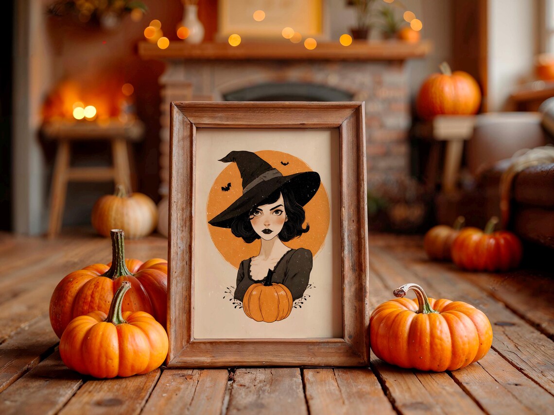 Minimalist Witch Poster Orange Moon Pumpkin Cream Background Art
