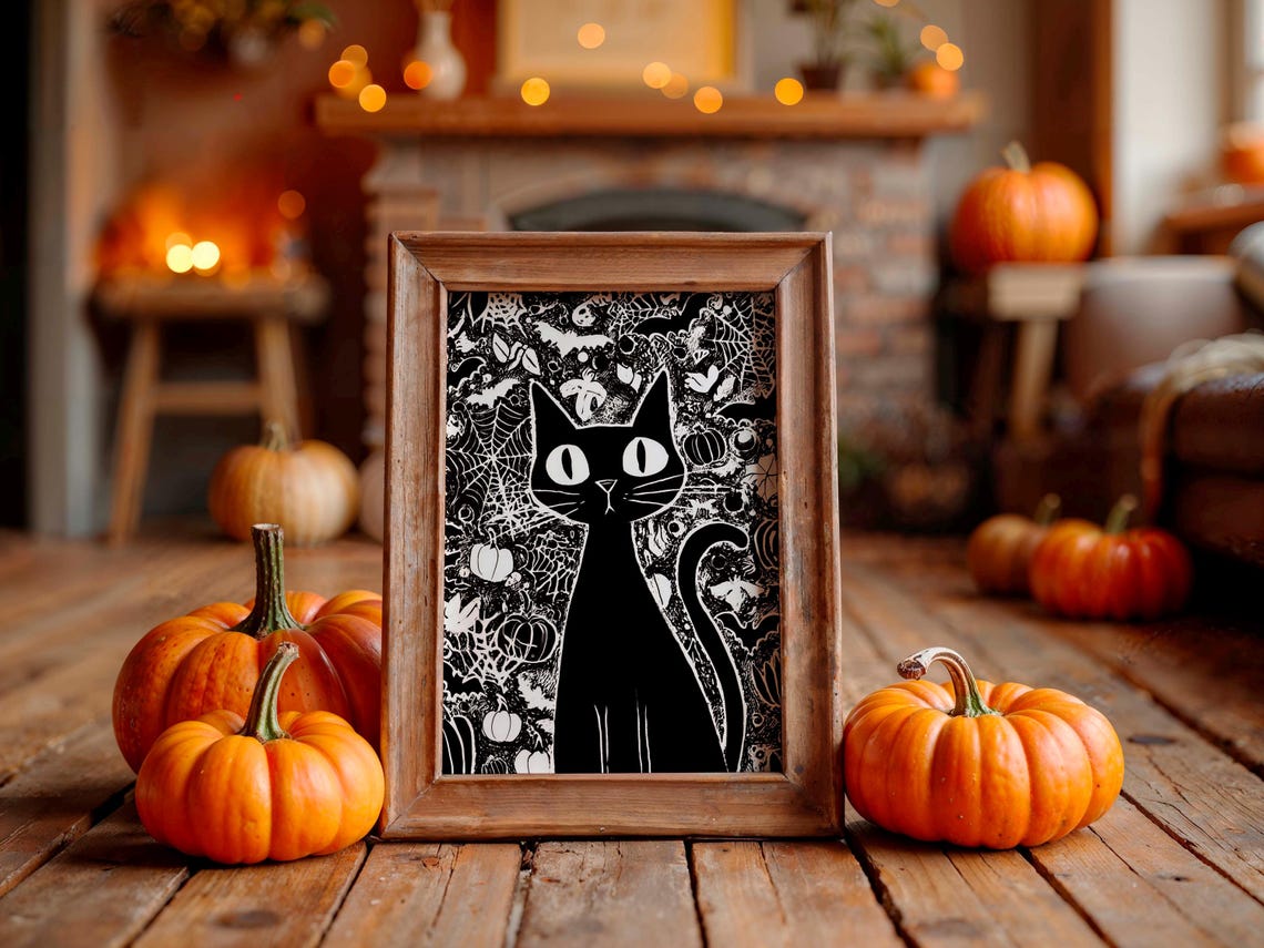 Black Cat Poster Monochrome Doodle Background Big White Eyes Art