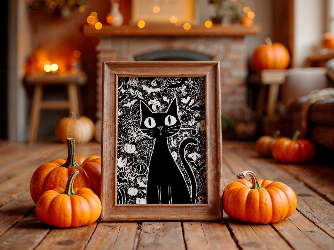 Black Cat Silhouette Halloween Poster On Monochrome Doodle Background