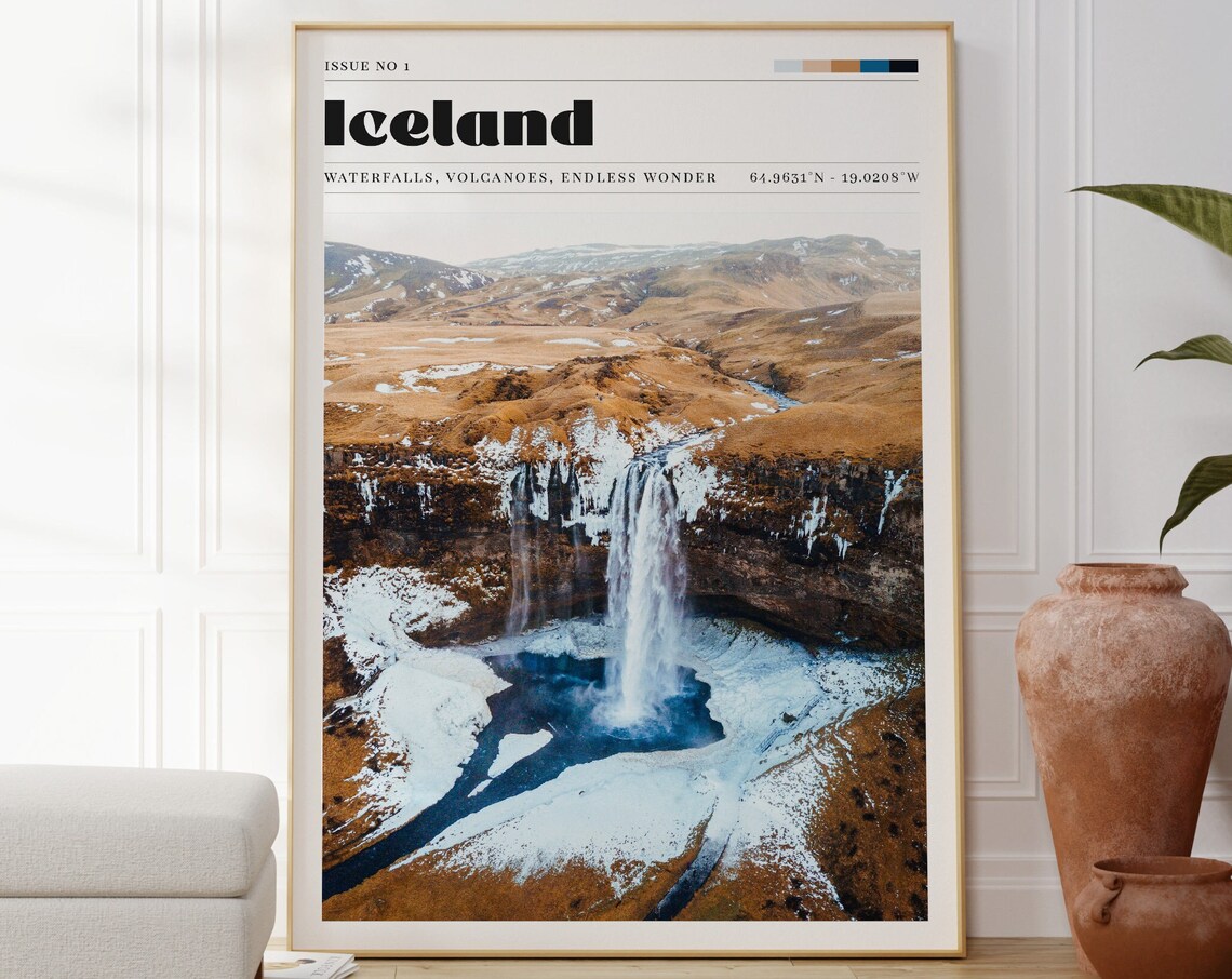 Iceland Waterfall Winter Retro Travel Poster Magazine Nordic Photo