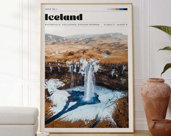 Iceland Waterfall Winter Retro Travel Poster Magazine Nordic Photo