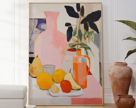 Pink Vase Fruit Still Life Modern Colorful Kitchen Art Poster
