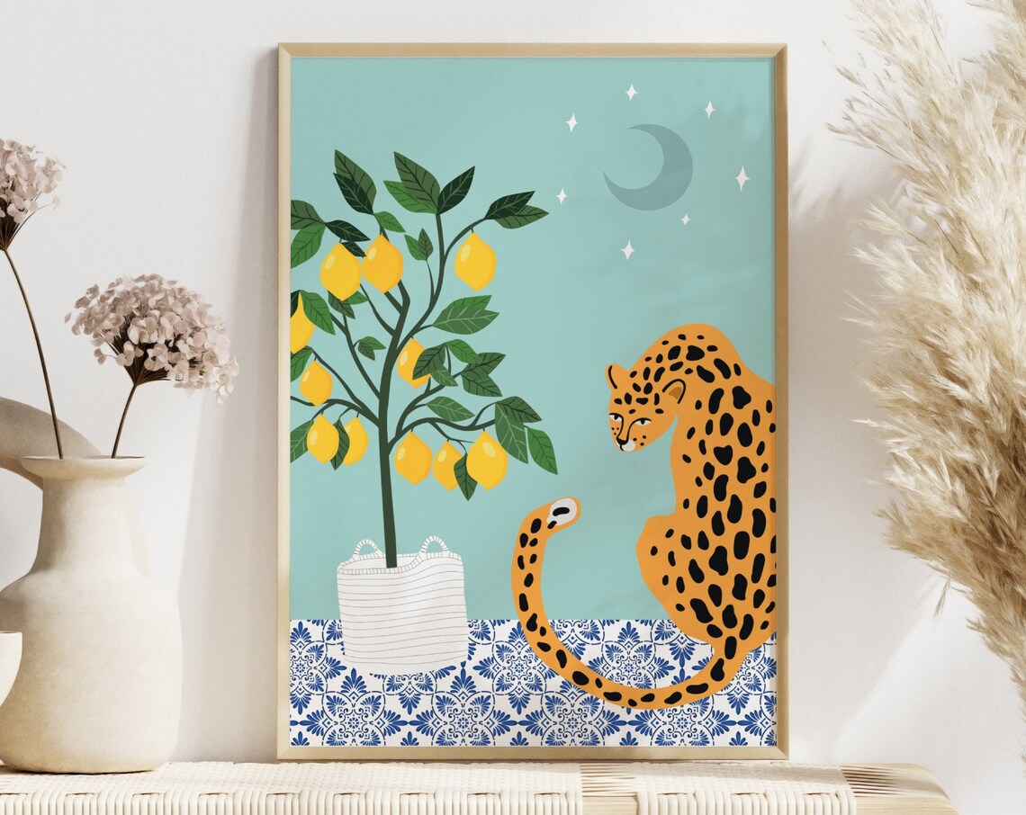 Leopard And Lemon Tree Art Print, Animal Decor