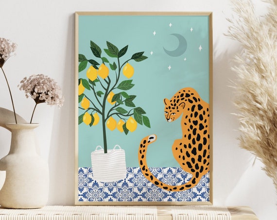 Leopard And Lemon Tree Art Print, Animal Decor